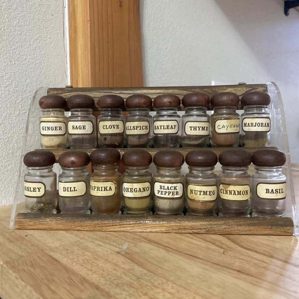 Vintage Glass Spice Jar Set with Wood Lids & Rack 16 Jars Retro Mid Century